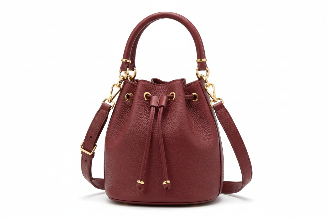 Burgundy Red Leather Bucket Bag