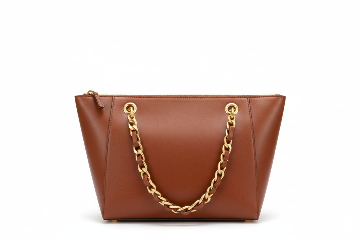 Cognac Brown Chain Detailed Tote Bag